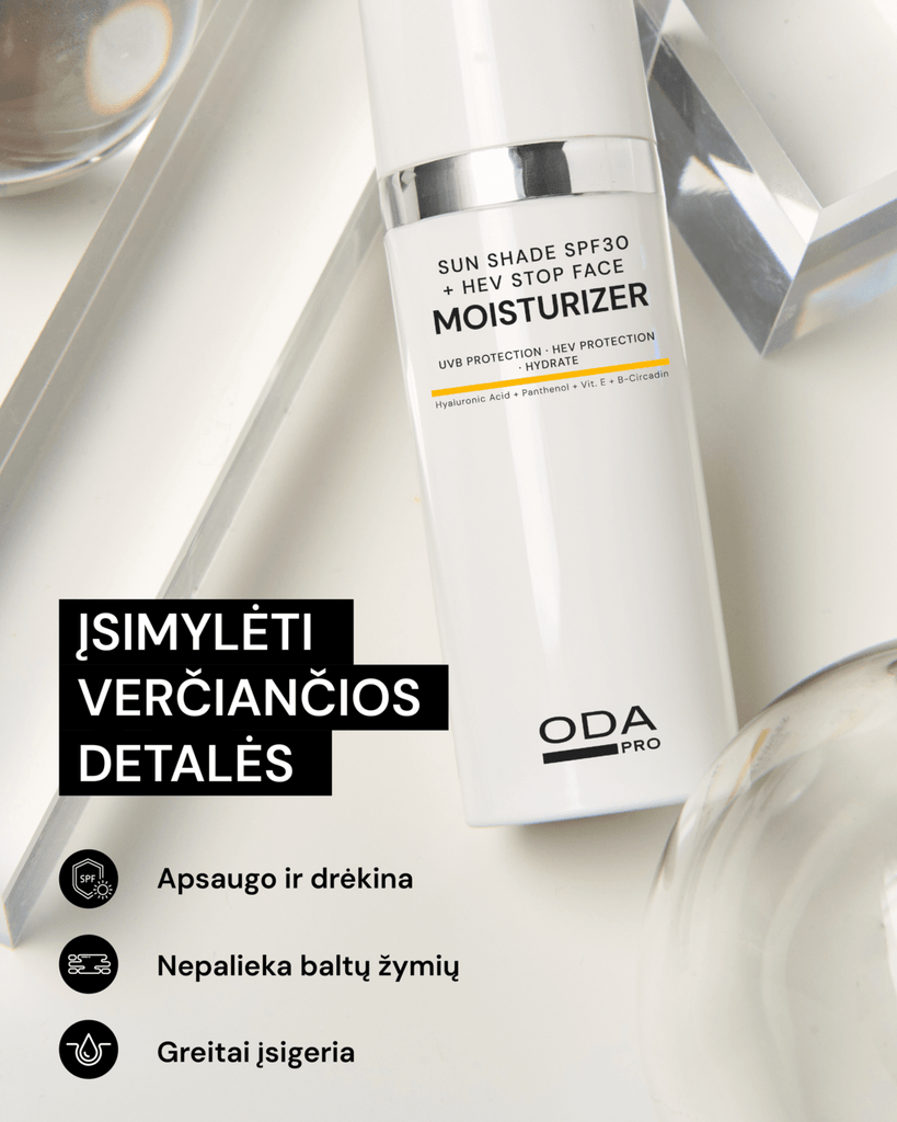 DOVANA - DRĖKINAMASIS VEIDO KREMAS NUO SAULĖS SPF30 IR MĖLYNOSIOS ŠVIESOS - ODA PRO