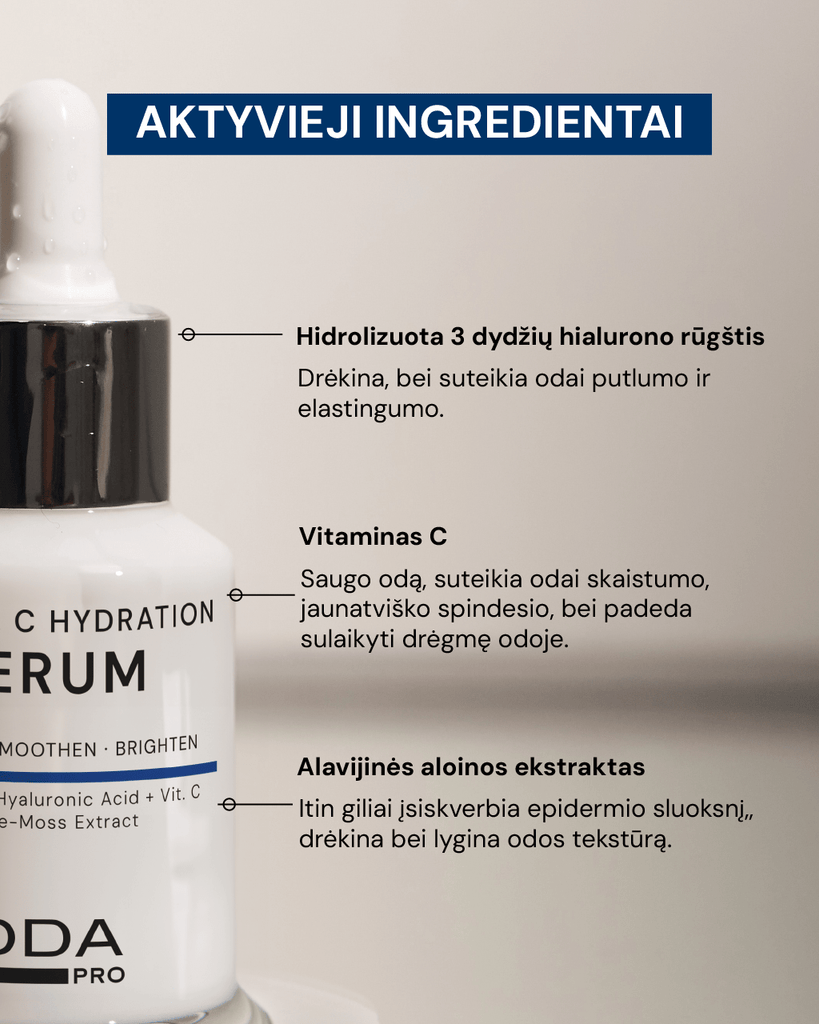 DRĖKINAMASIS HIALURONO RŪGŠTIES IR VITAMINO C SERUMAS - ODA PRO